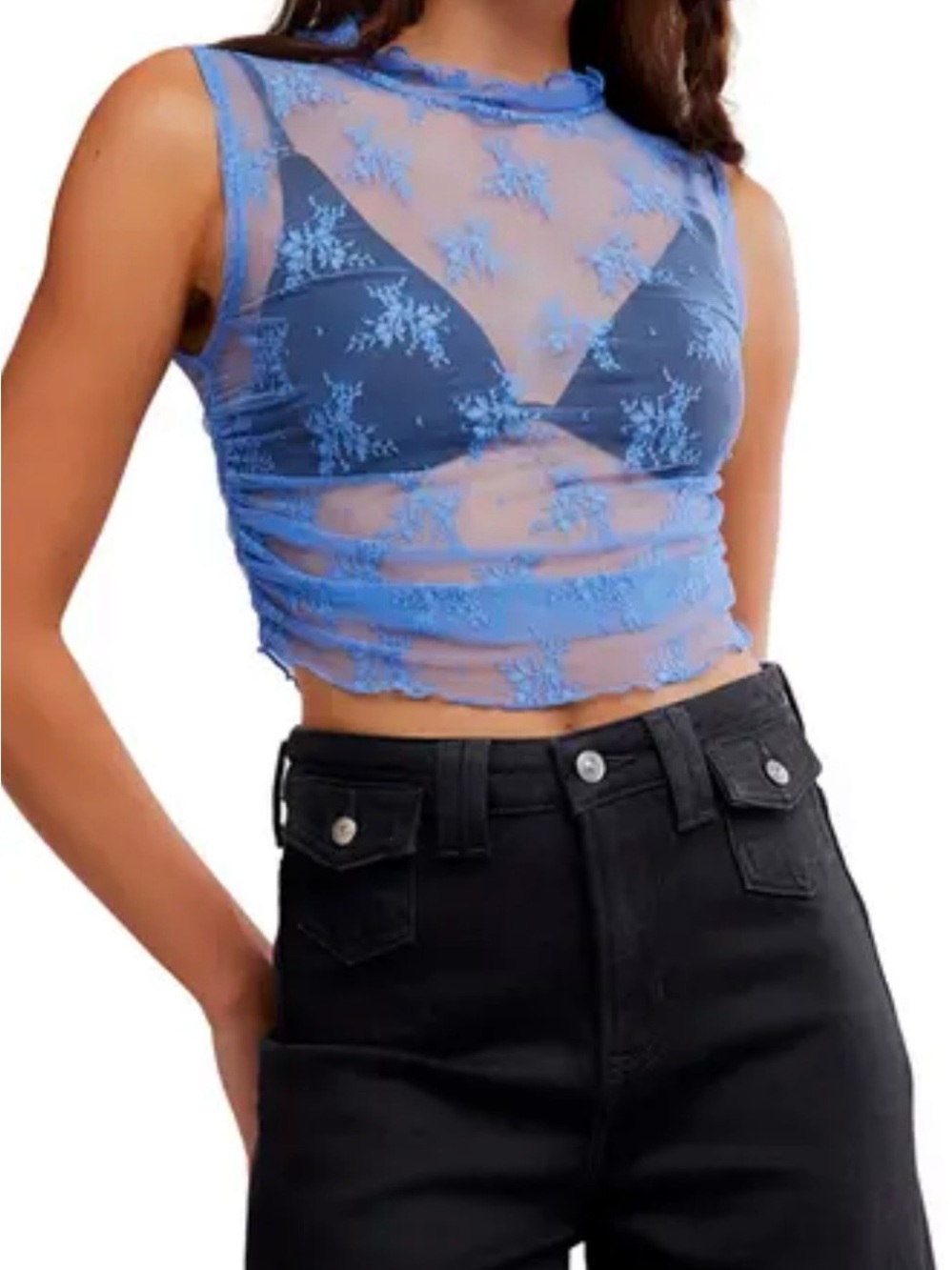 Free People Nice Try Lace Sheer Mock Neck Tank Top - Cornflower Blue - NWT, M - Picture 7 of 8